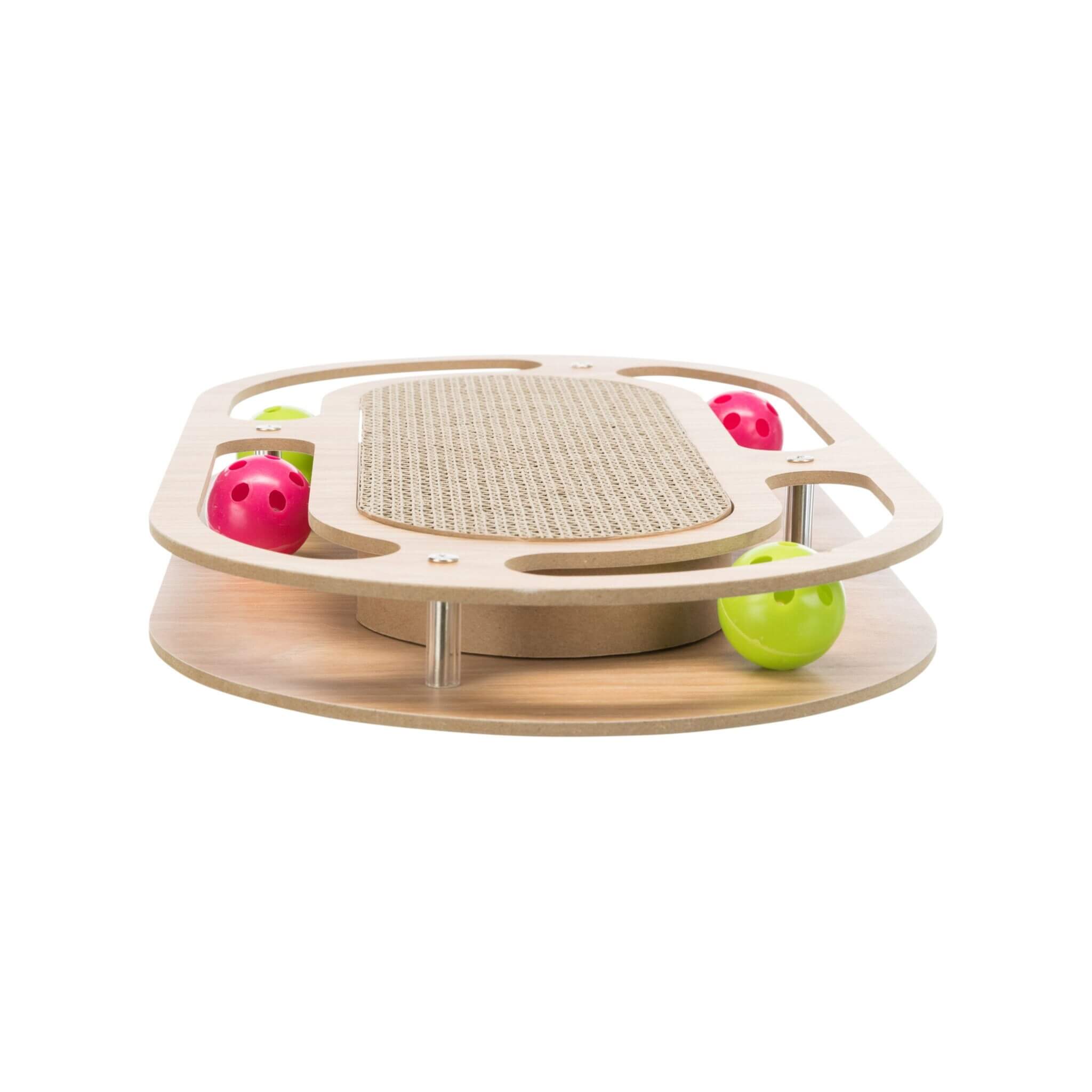 Cardboard scratcher with wood and balls + catnip 46×25 cm