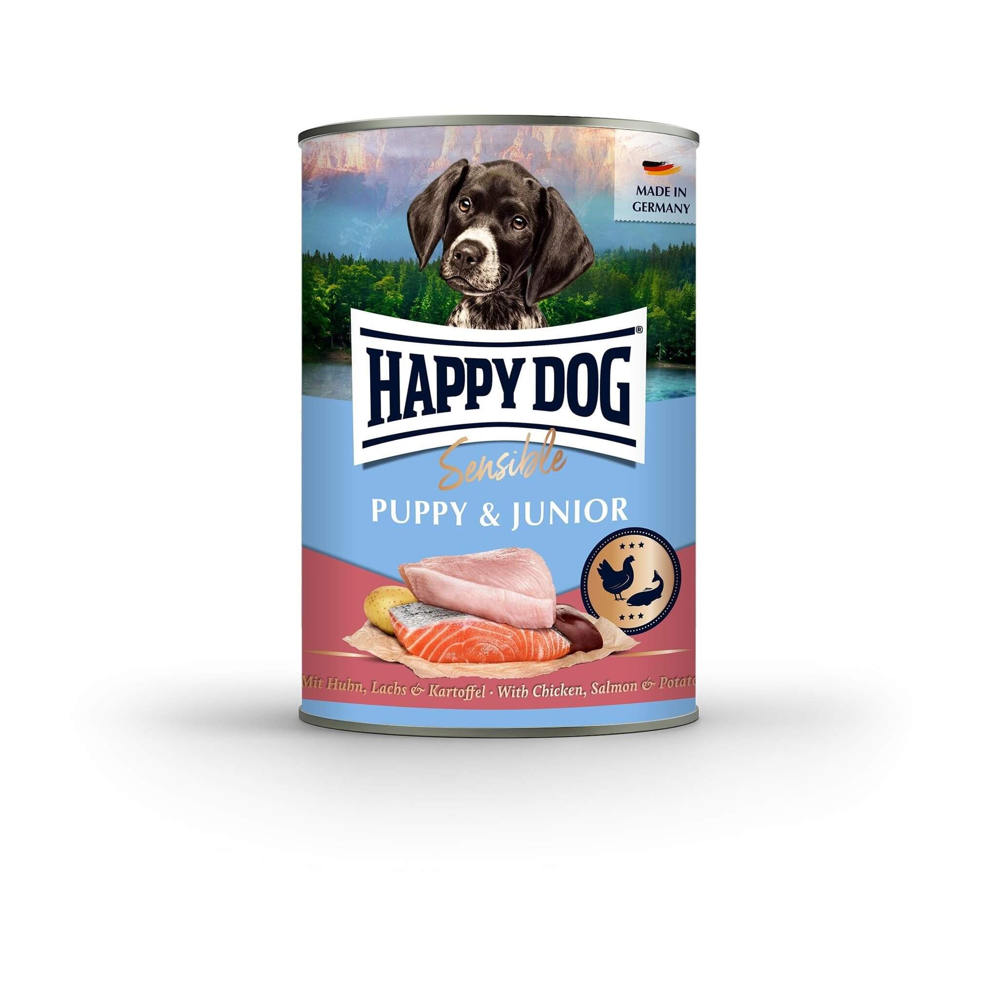 Happy Dog Puppy Junior 400G - Pollo y salmón enlatado